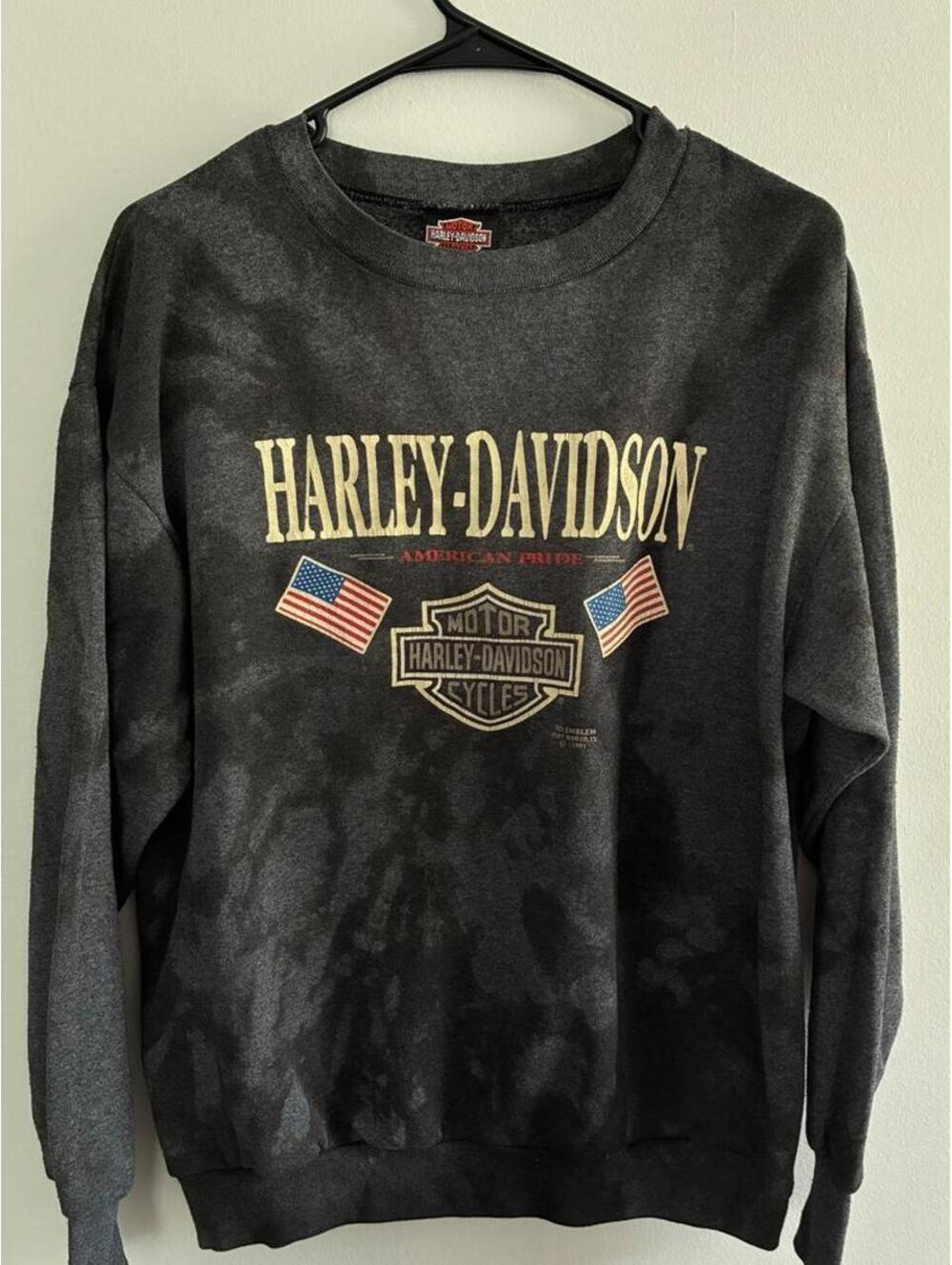 Vintage Harley-Davidson Men's Gray and Black Pullover Sweatshirt Large